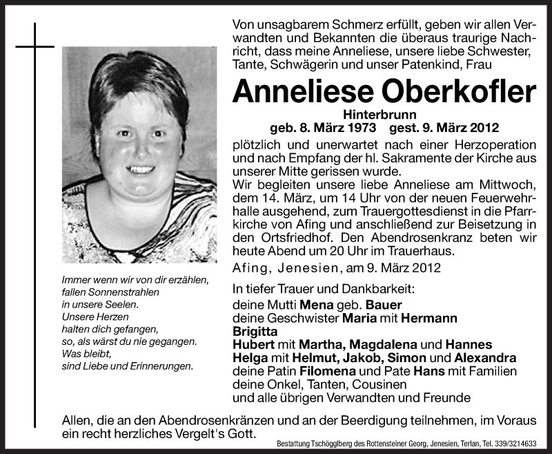  Traueranzeige für Anneliese Oberkofler vom 13.03.2012 aus Dolomiten