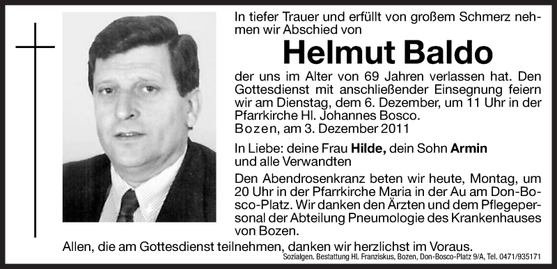  Traueranzeige für Helmut Baldo vom 05.12.2011 aus Dolomiten