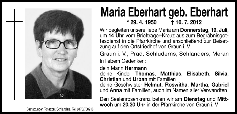  Traueranzeige für Maria Eberhart vom 17.07.2012 aus Dolomiten