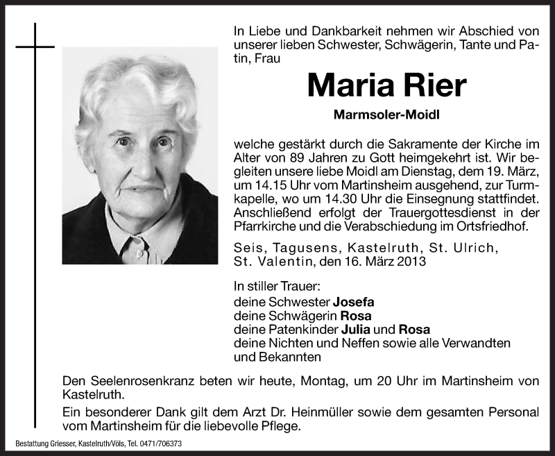  Traueranzeige für Maria Rier vom 18.03.2013 aus Dolomiten