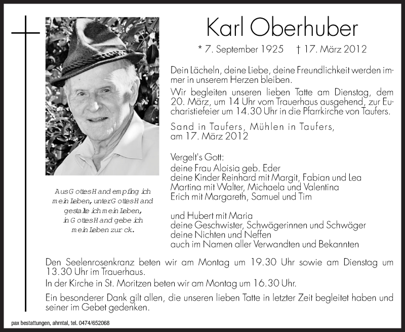  Traueranzeige für Karl Oberhuber vom 19.03.2012 aus Dolomiten