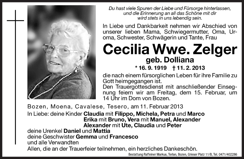  Traueranzeige für Cecilia Zelger vom 14.02.2013 aus Dolomiten