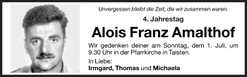 Traueranzeige von Alois Franz Amalthof von Dolomiten