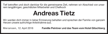 Traueranzeige von Andreas Tietz von Dolomiten