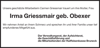 Traueranzeige von Irma Griessmair von Dolomiten