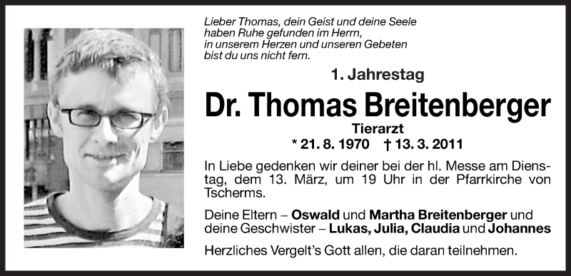  Traueranzeige für Thomas Breitenberger vom 09.03.2012 aus Dolomiten