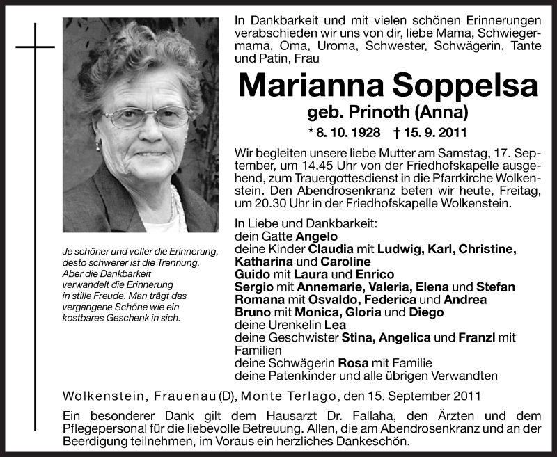  Traueranzeige für Marianna Soppelsa vom 16.09.2011 aus Dolomiten