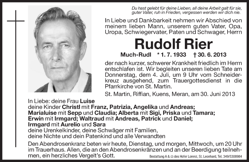  Traueranzeige für Rudolf Rier vom 02.07.2013 aus Dolomiten