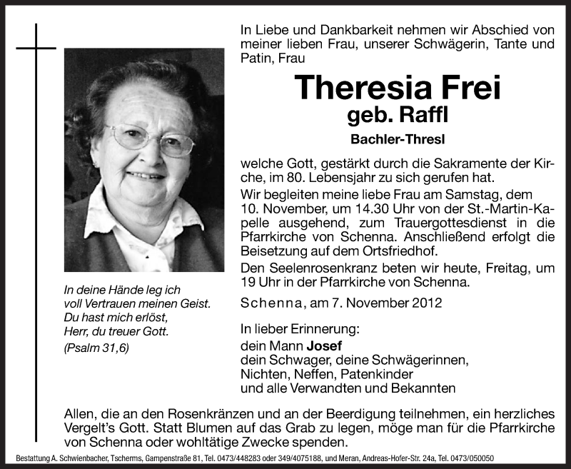  Traueranzeige für Theresia Frei vom 09.11.2012 aus Dolomiten