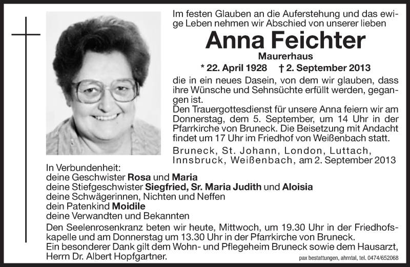  Traueranzeige für Anna Feichter vom 04.09.2013 aus Dolomiten