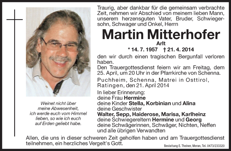  Traueranzeige für Martin Mitterhofer vom 24.04.2014 aus Dolomiten