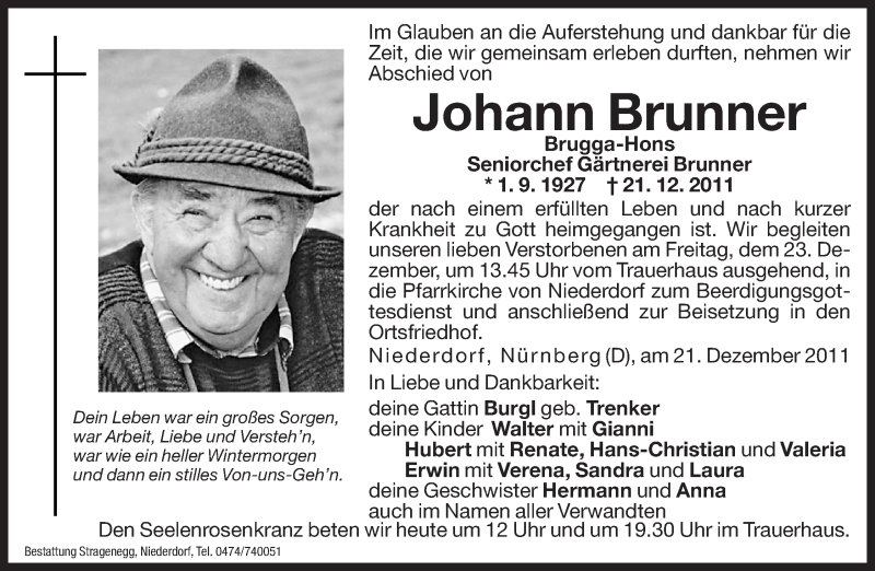  Traueranzeige für Johann Brunner vom 22.12.2011 aus Dolomiten