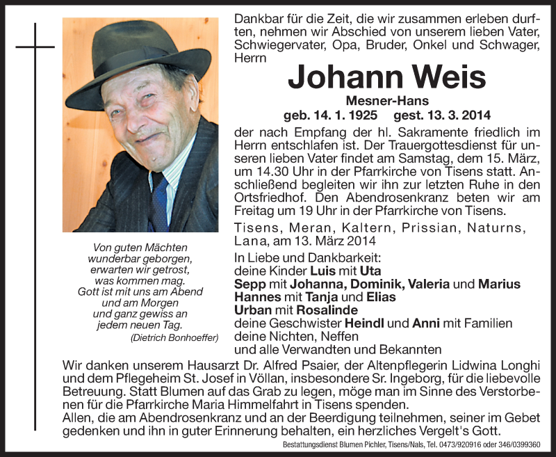  Traueranzeige für Johann Weis vom 14.03.2014 aus Dolomiten