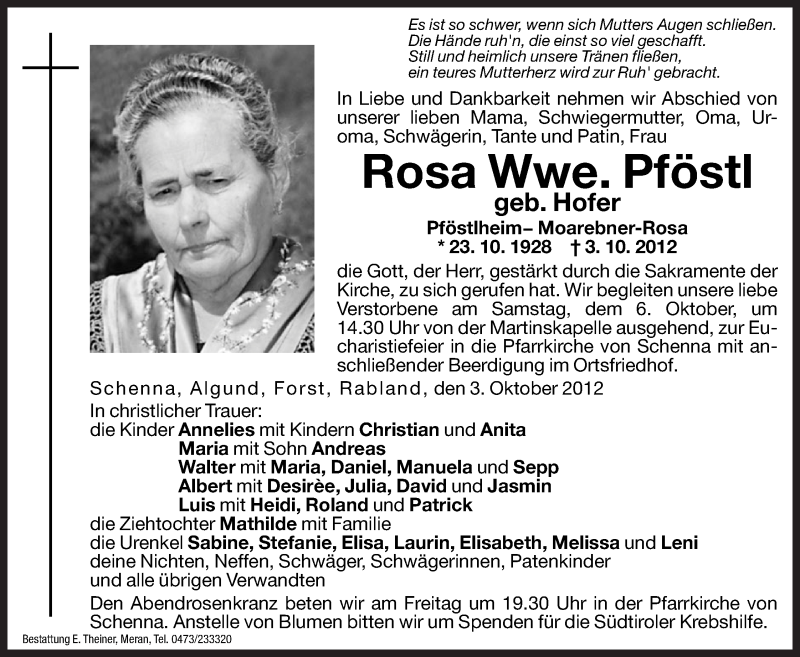  Traueranzeige für Rosa Pföstl vom 05.10.2012 aus Dolomiten