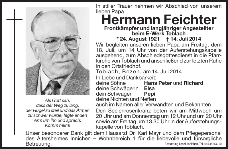  Traueranzeige für Hermann Feichter vom 16.07.2014 aus Dolomiten