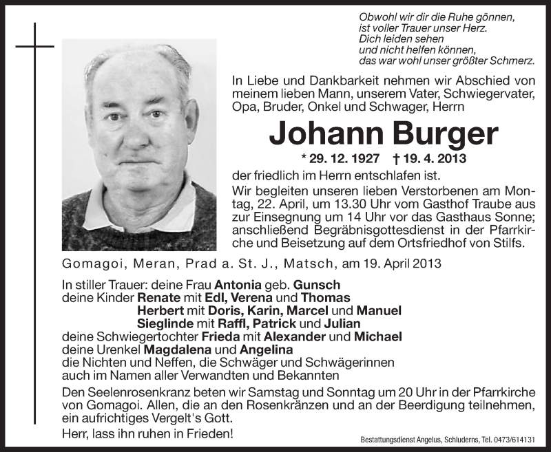  Traueranzeige für Johann Burger vom 20.04.2013 aus Dolomiten