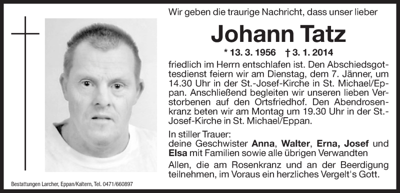  Traueranzeige für Johann Tatz vom 04.01.2014 aus Dolomiten