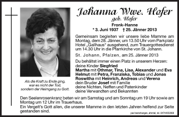 Traueranzeige von Johanna Hofer von Dolomiten