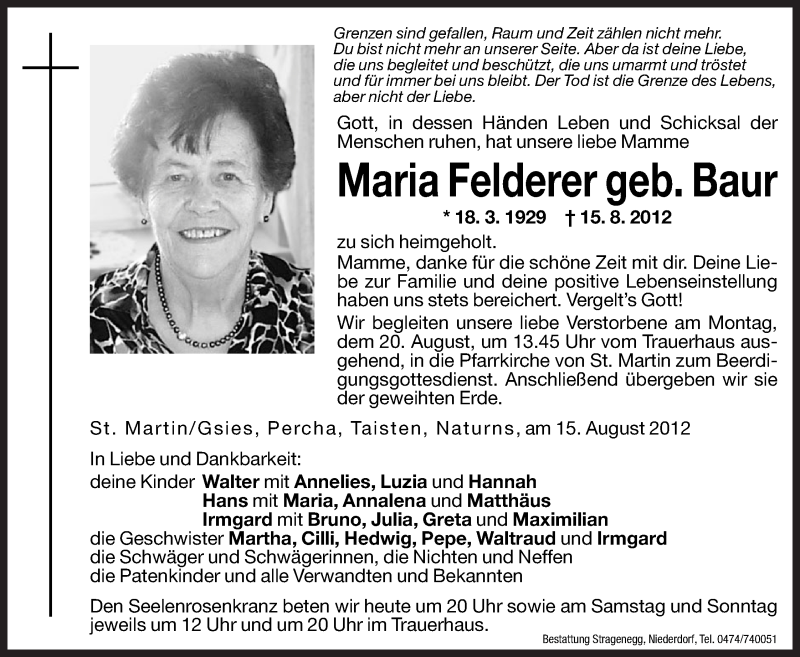  Traueranzeige für Maria Felderer vom 17.08.2012 aus Dolomiten