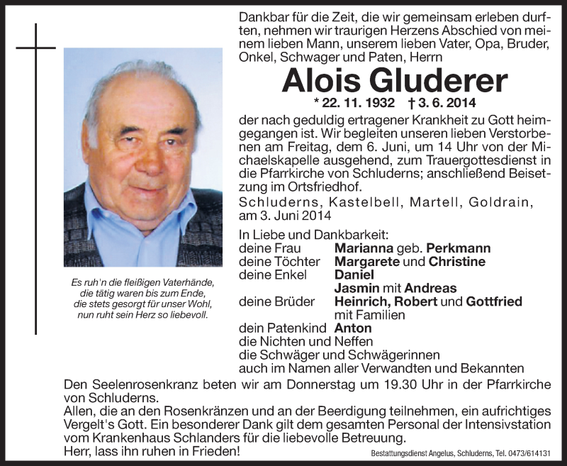  Traueranzeige für Alois Gluderer vom 05.06.2014 aus Dolomiten