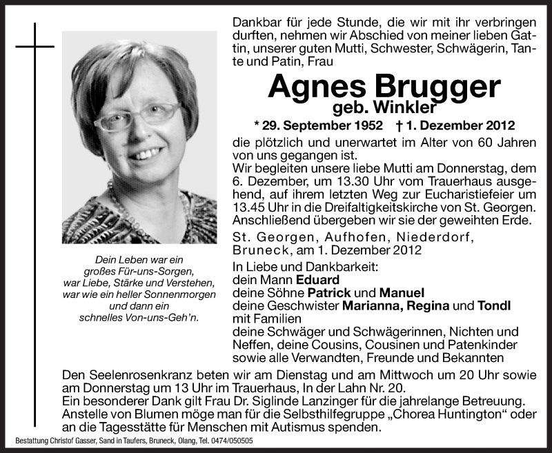  Traueranzeige für Agnes Brugger vom 04.12.2012 aus Dolomiten