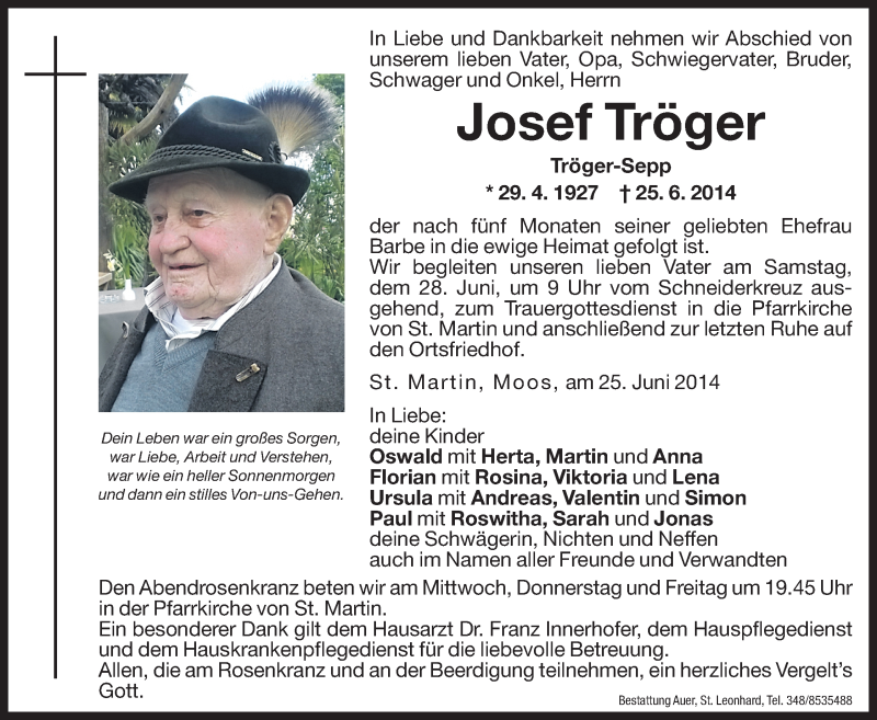  Traueranzeige für Josef Tröger vom 26.06.2014 aus Dolomiten