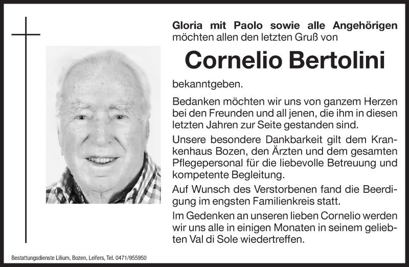  Traueranzeige für Cornelio Bertolini vom 10.01.2014 aus Dolomiten