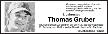 Traueranzeige von Thomas Gruber von Dolomiten