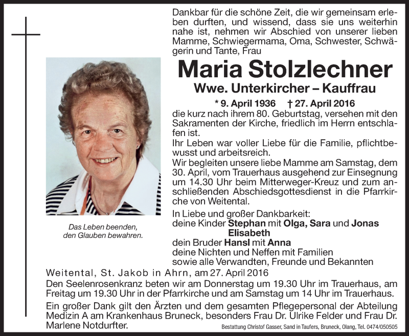  Traueranzeige für Maria Unterkircher vom 28.04.2016 aus Dolomiten