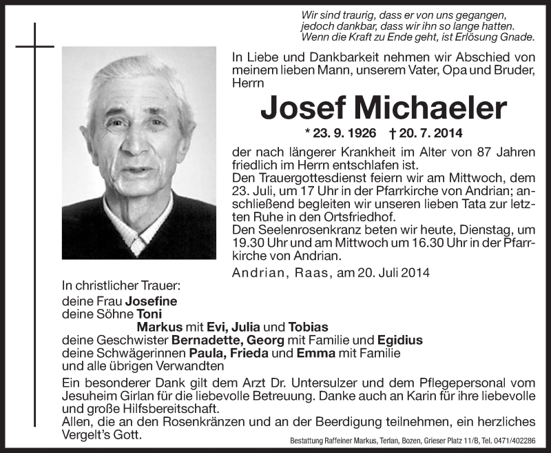  Traueranzeige für Josef Michaeler vom 22.07.2014 aus Dolomiten