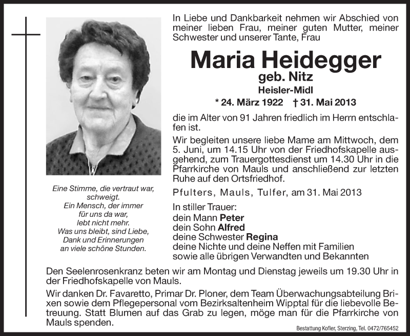  Traueranzeige für Maria Heidegger vom 03.06.2013 aus Dolomiten