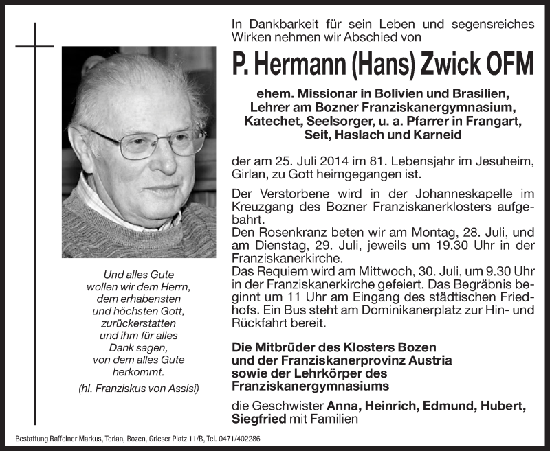  Traueranzeige für P. Hermann Zwick vom 28.07.2014 aus Dolomiten