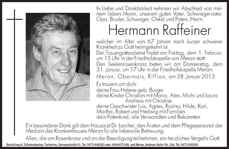  Traueranzeige für Hermann Raffeiner vom 30.01.2013 aus Dolomiten