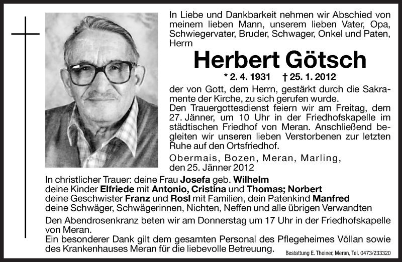  Traueranzeige für Herbert Götsch vom 26.01.2012 aus Dolomiten