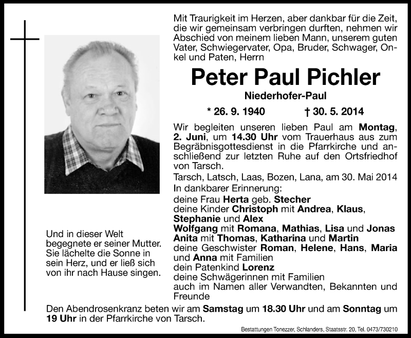  Traueranzeige für Peter Paul Pichler vom 31.05.2014 aus Dolomiten