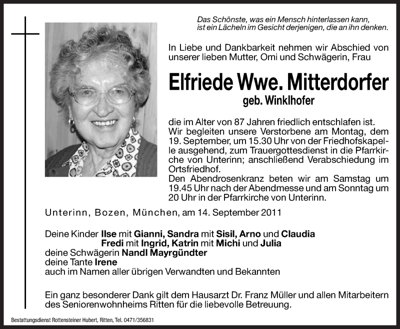  Traueranzeige für Elfriede Mitterdorfer vom 16.09.2011 aus Dolomiten