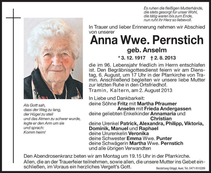  Traueranzeige für Anna Pernstich vom 03.08.2013 aus Dolomiten