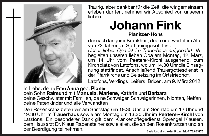  Traueranzeige für Johann Fink vom 10.03.2012 aus Dolomiten