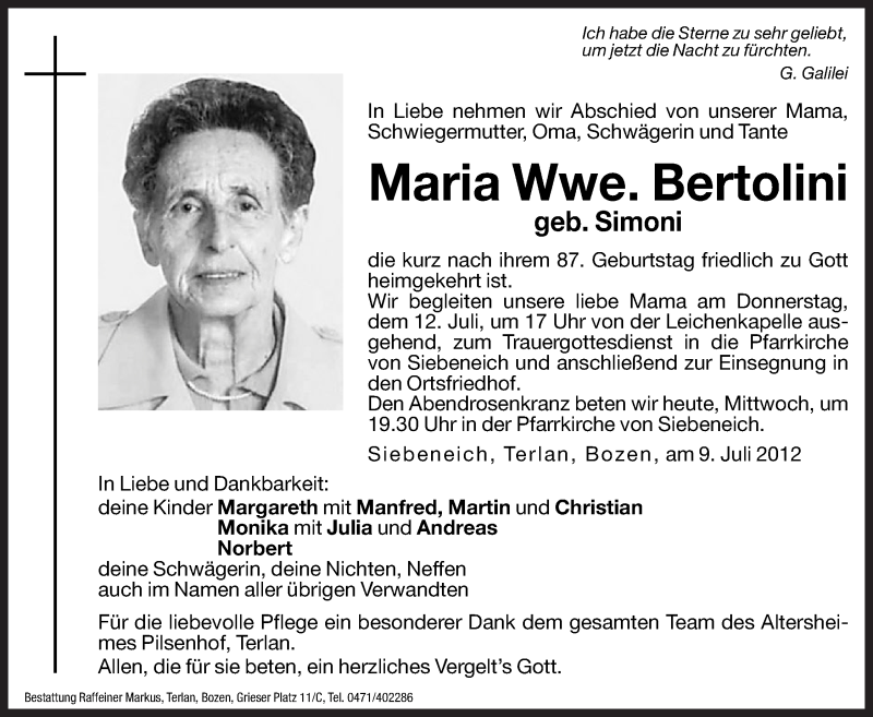  Traueranzeige für Maria Bertolini vom 11.07.2012 aus Dolomiten