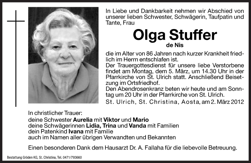  Traueranzeige für Olga Stuffer vom 03.03.2012 aus Dolomiten