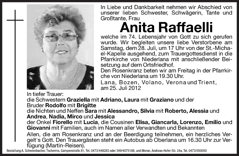  Traueranzeige für Anita Raffaelli vom 27.07.2012 aus Dolomiten