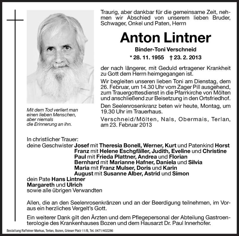  Traueranzeige für Anton Lintner vom 25.02.2013 aus Dolomiten