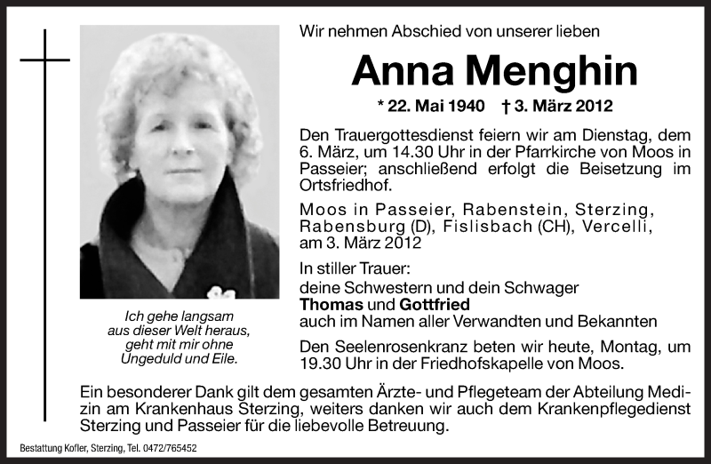  Traueranzeige für Anna Menghin vom 05.03.2012 aus Dolomiten