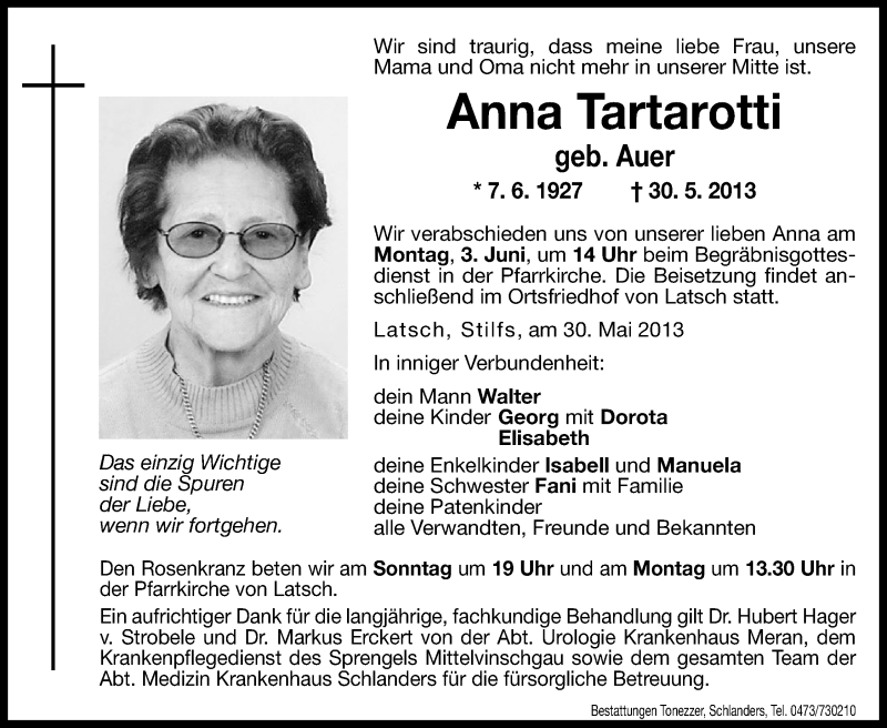  Traueranzeige für Anna Tartarotti vom 31.05.2013 aus Dolomiten