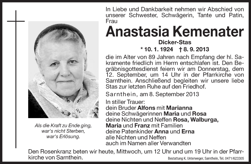  Traueranzeige für Anastasia Kemenater vom 11.09.2013 aus Dolomiten