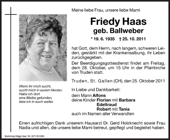 Traueranzeige von Friedy Haas von Dolomiten