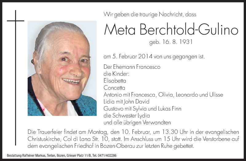  Traueranzeige für Meta Berchtold-Gulino vom 08.02.2014 aus Dolomiten