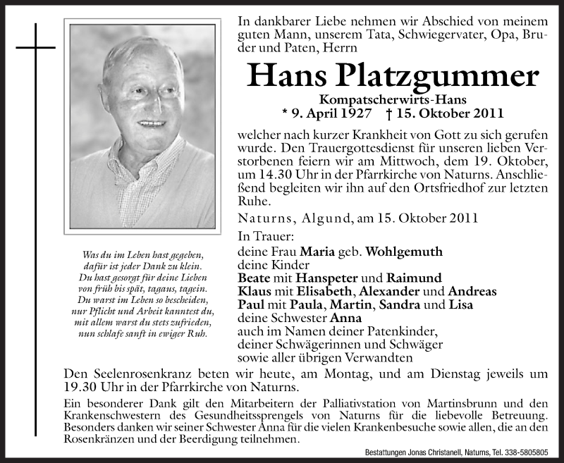  Traueranzeige für Hans Platzgummer vom 17.10.2011 aus Dolomiten