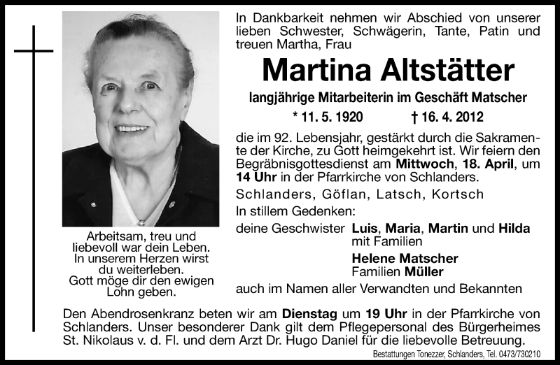  Traueranzeige für Martina Altstätter vom 17.04.2012 aus Dolomiten