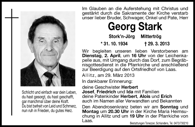  Traueranzeige für Georg Stark vom 30.03.2013 aus Dolomiten